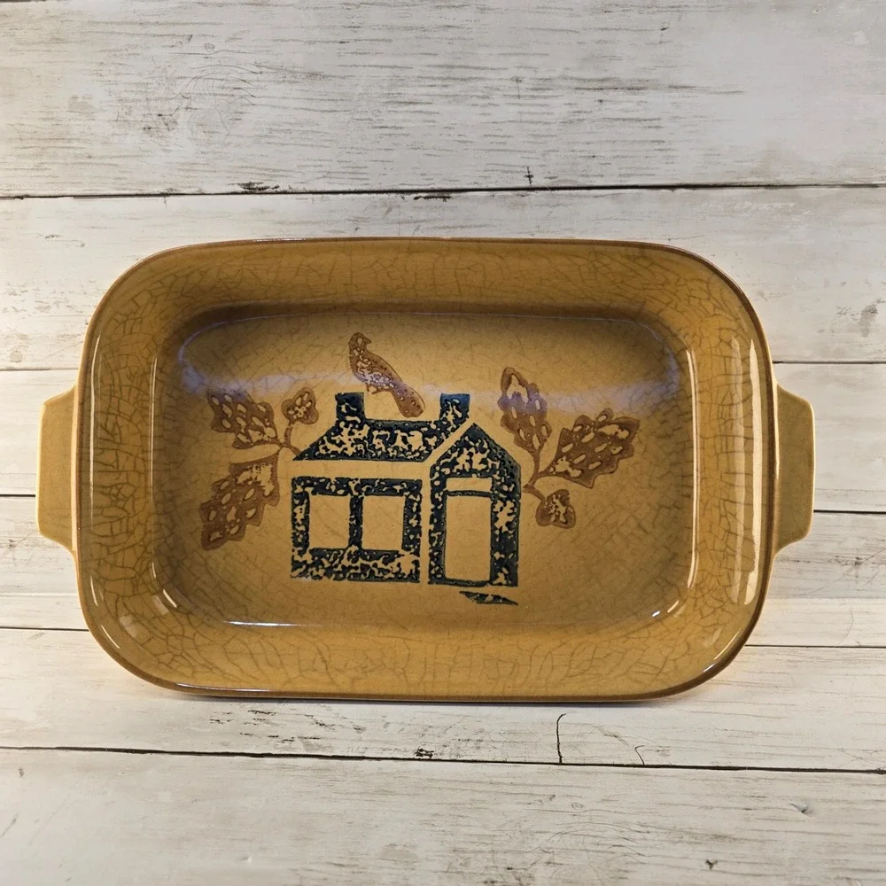 VTG Pfaltzgraff Village 2 Qt Rectangular Baker Stoneware Tan Blue House Bird USA